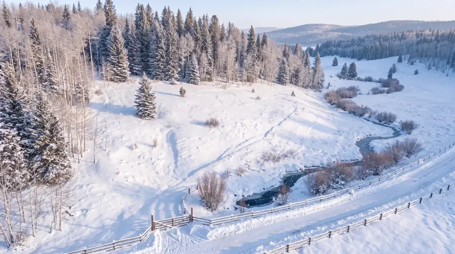 The same five acres under snow in winter.