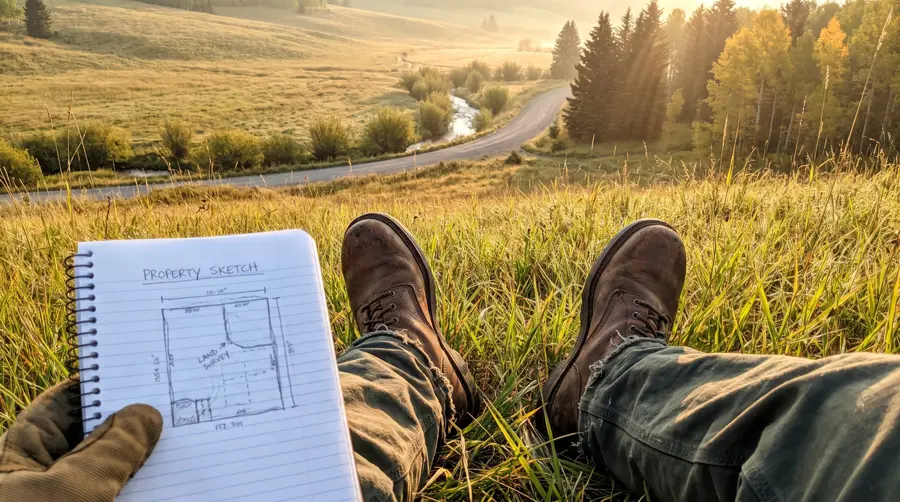 Point of view: work boots in tall grass, a gloved hand holding a notebook with a property sketch, a gravel road and creek below.